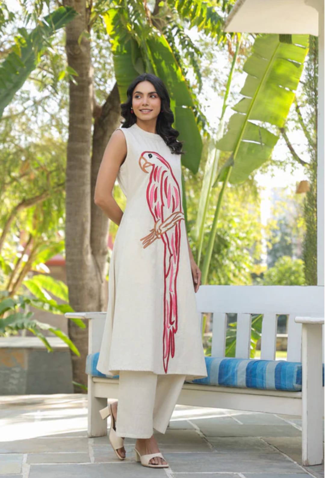 White Kurta with Pink Parrot Embroidery