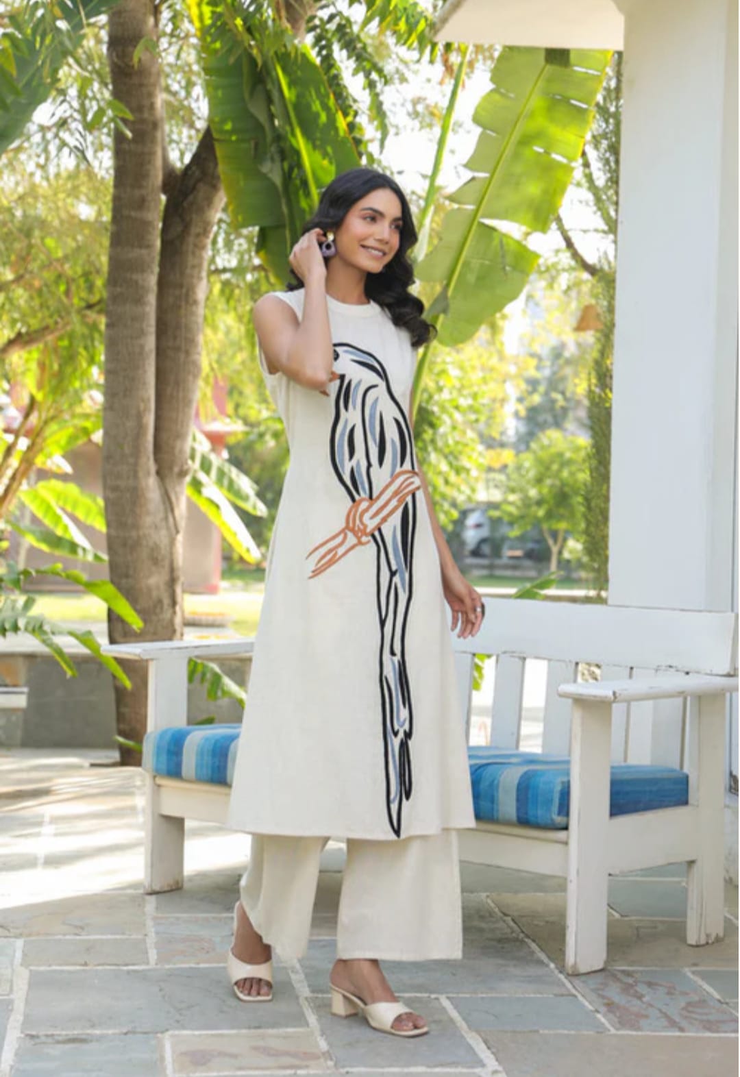 White Kurta with black Parrot Embroidery