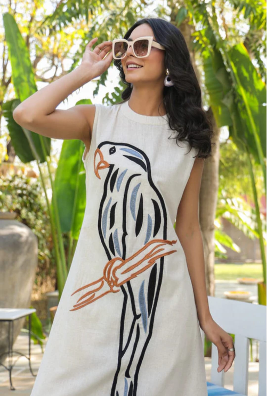 White Kurta with black Parrot Embroidery