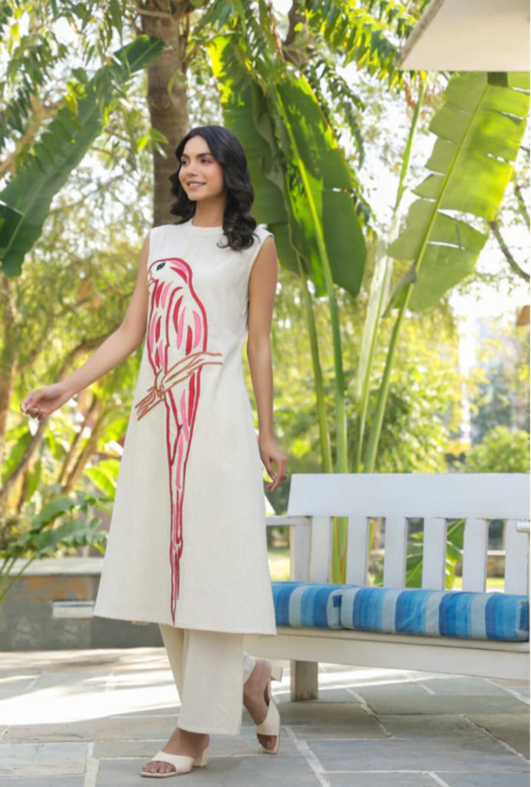 White Kurta with Pink Parrot Embroidery