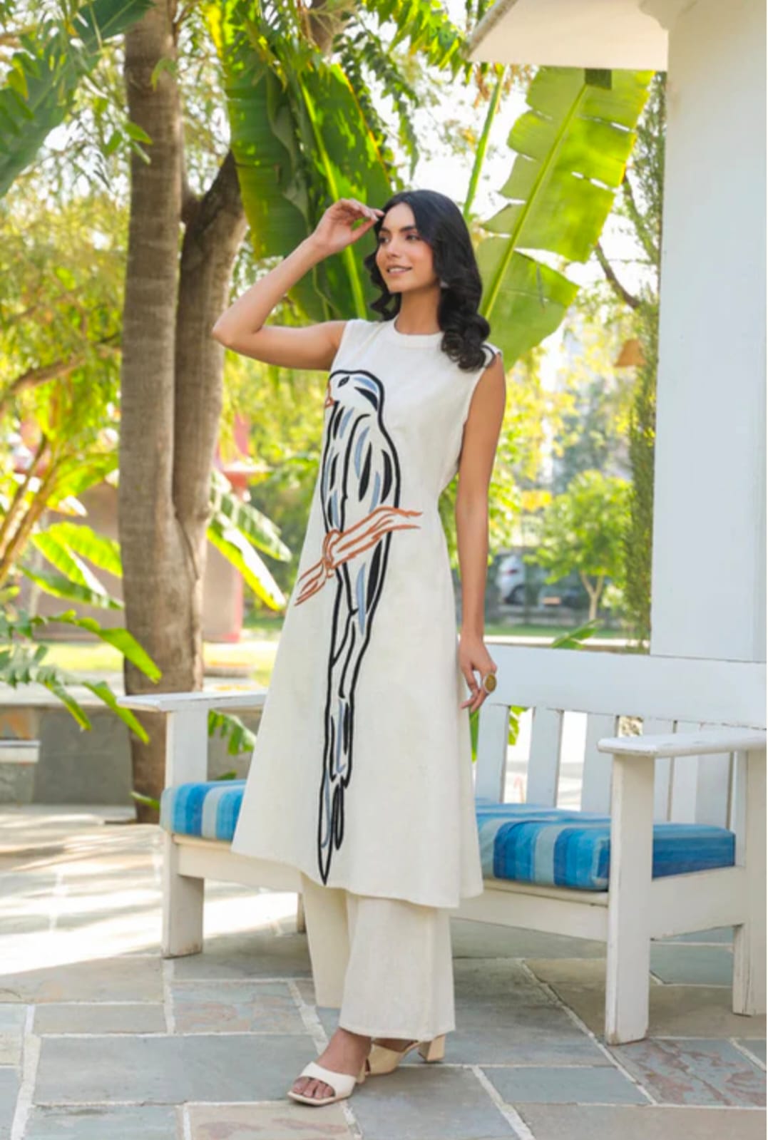 White Kurta with black Parrot Embroidery