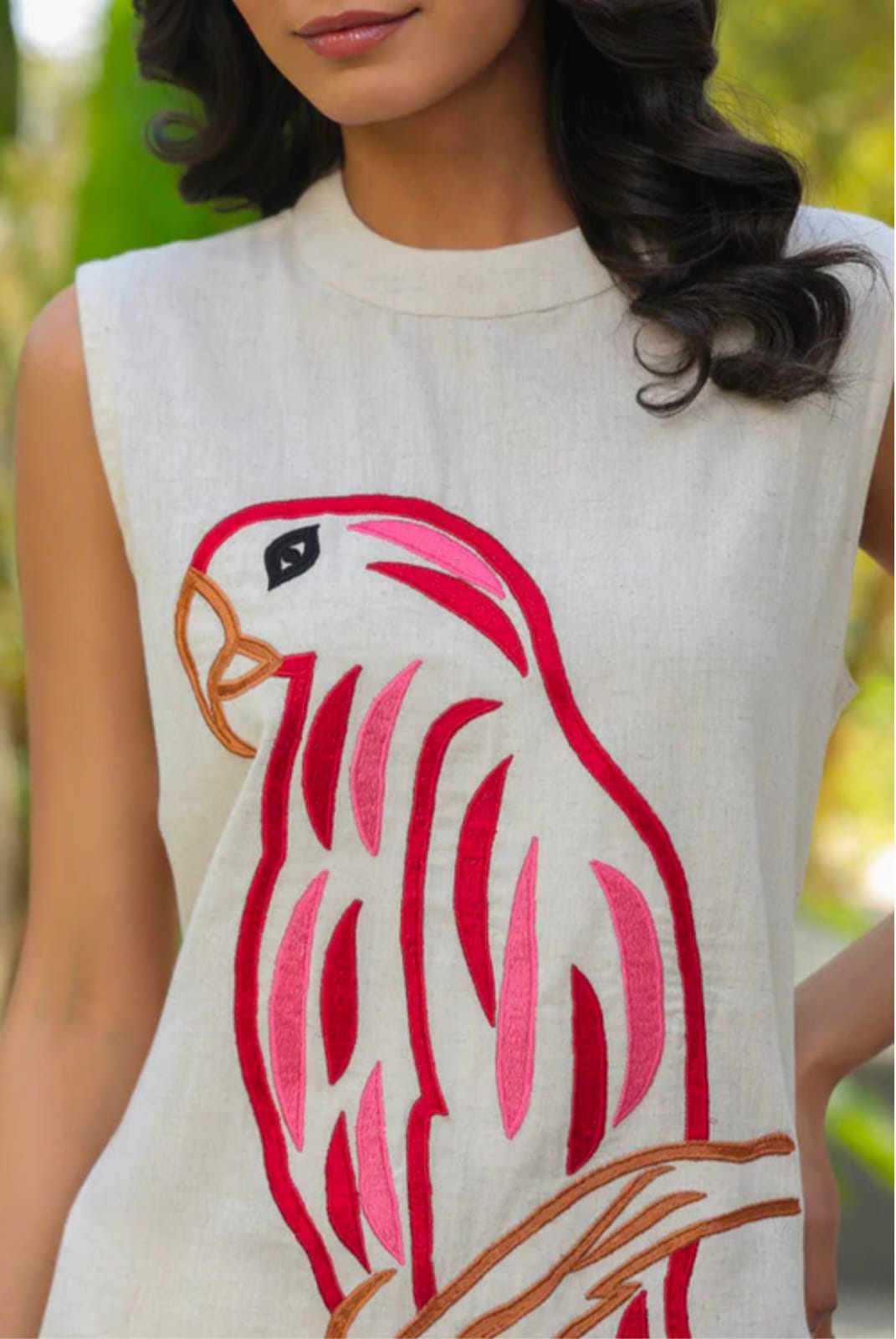 White Kurta with Pink Parrot Embroidery