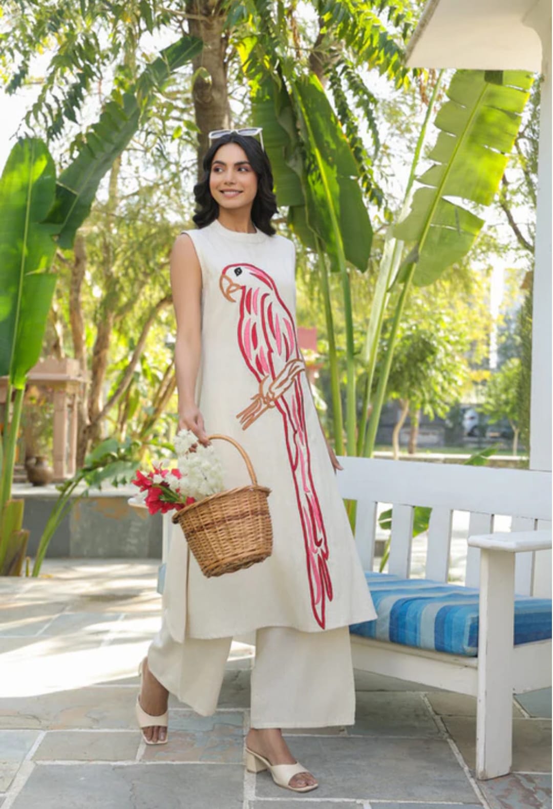 White Kurta with Pink Parrot Embroidery