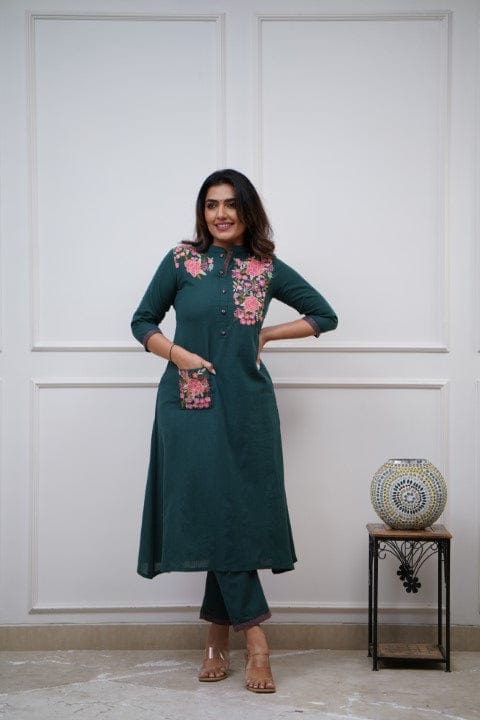 Embrel Green Embroidered Cotton Kurta and Pant Set