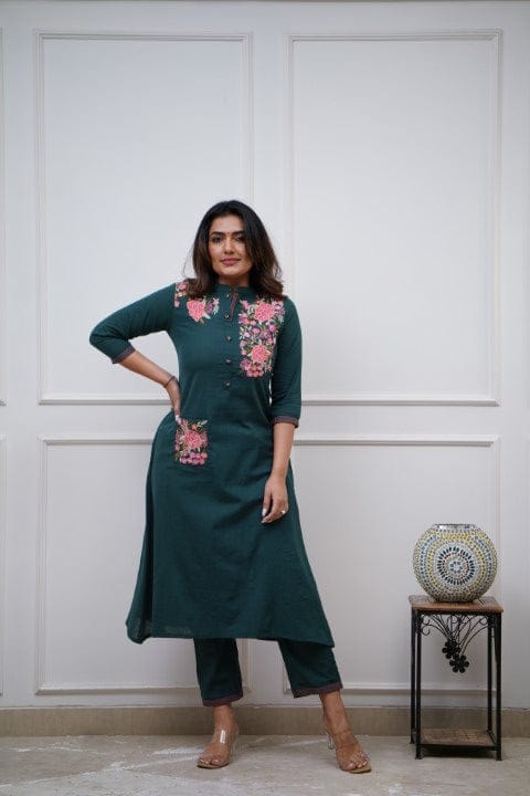 Embrel Green Embroidered Cotton Kurta and Pant Set
