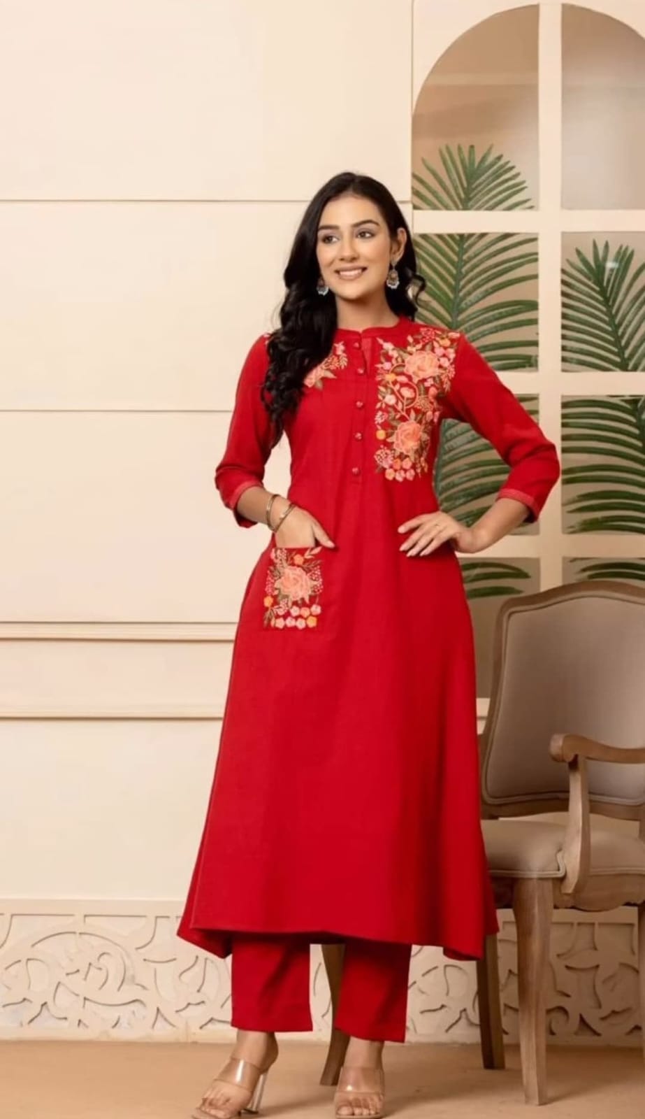 Red Embroidered Cotton Kurta and Pant Set