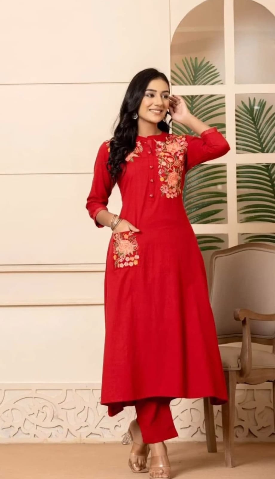 Red Embroidered Cotton Kurta and Pant Set