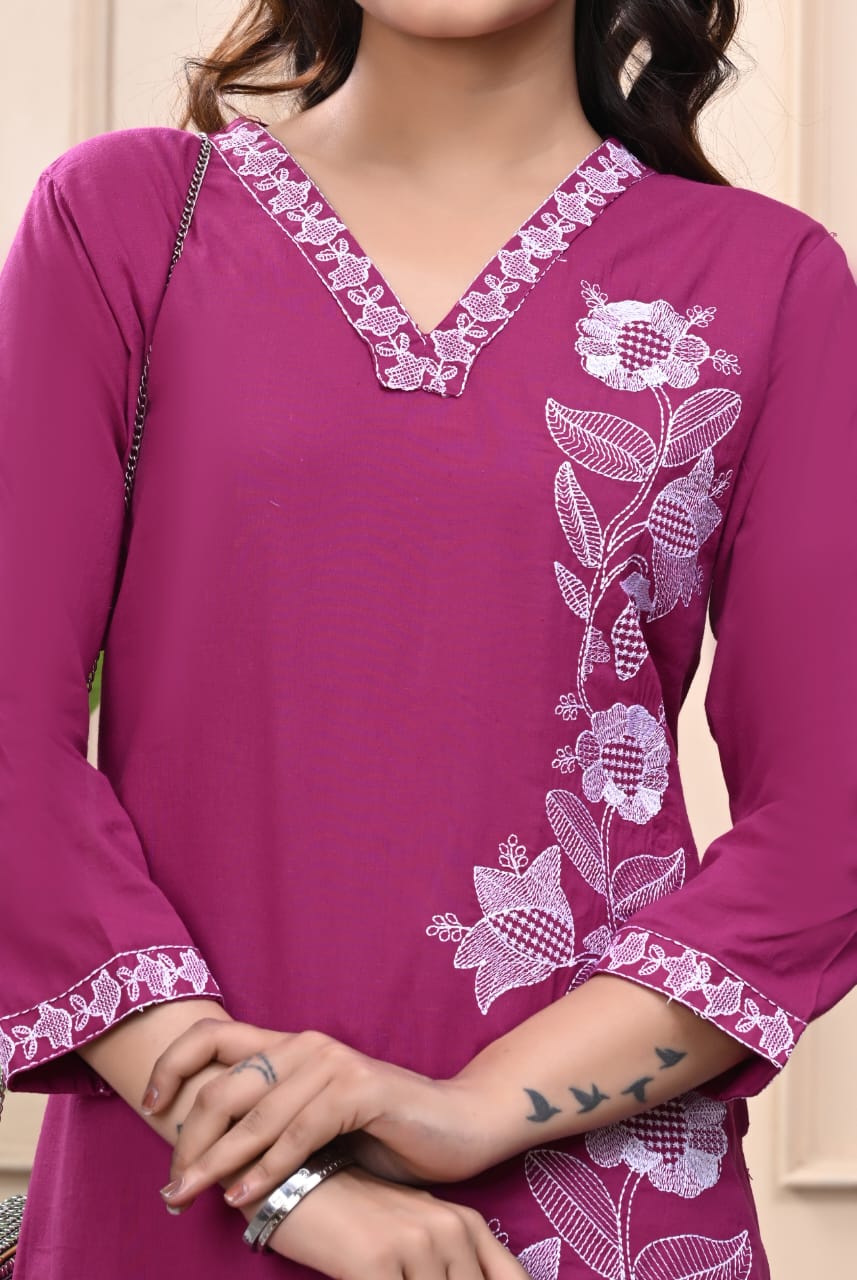 Plum Pink Cotton Co-Ord Set with Floral Detailing Embroidered