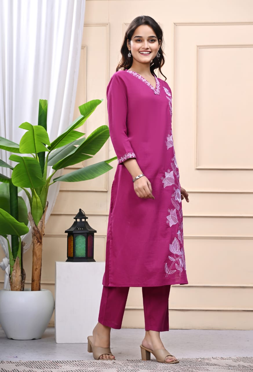 Plum Pink Cotton Co-Ord Set with Floral Detailing Embroidered