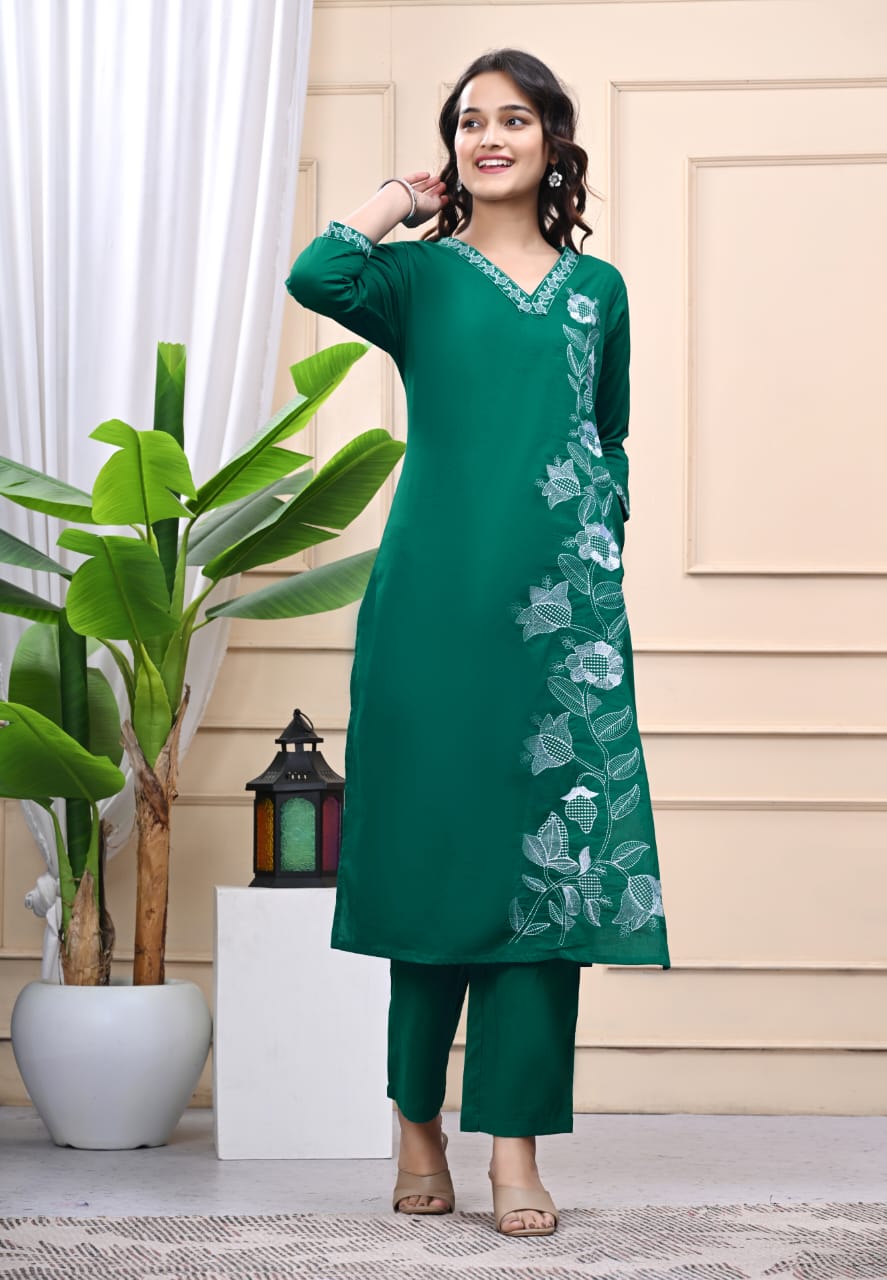 Green Cotton Co-Ord Set with Floral Detailing Embroidered