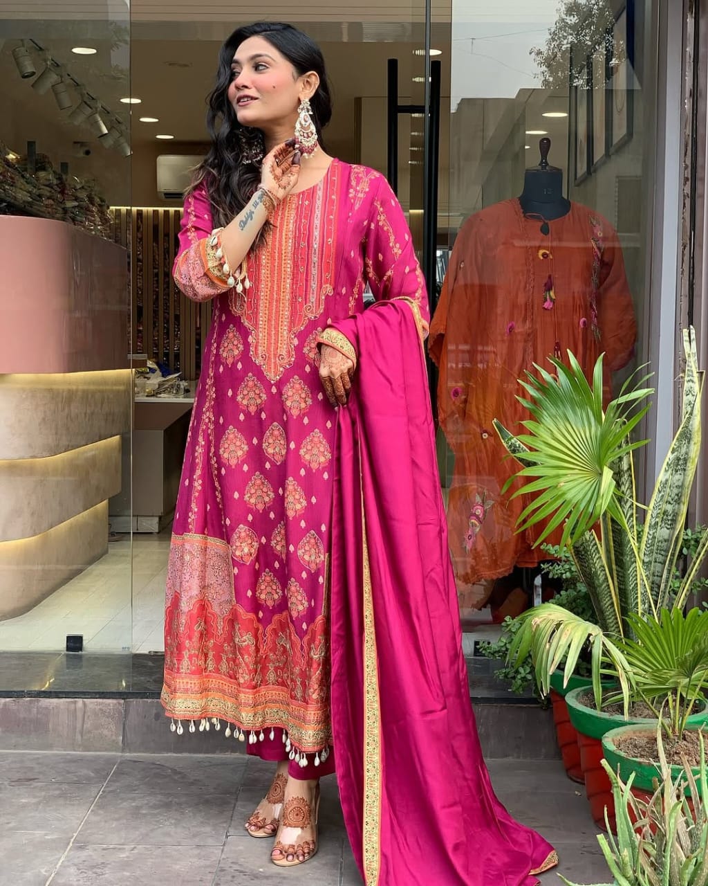 Royal Magenta Printed Anarkali Set with Schiffli Work  & Tassel Detailing
