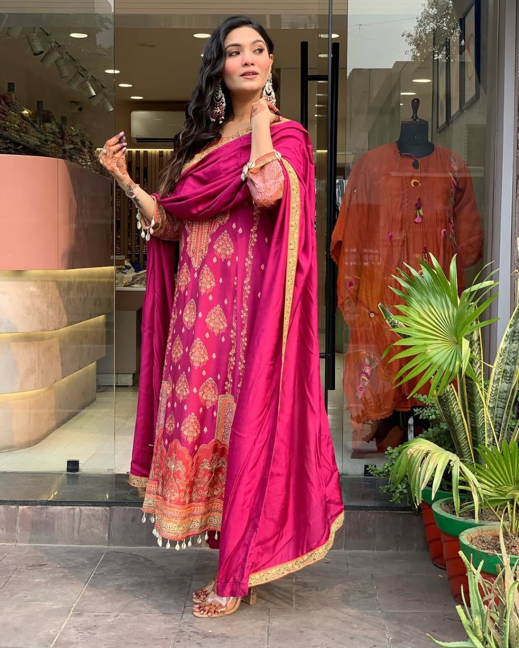 Royal Magenta Printed Anarkali Set with Schiffli Work  & Tassel Detailing