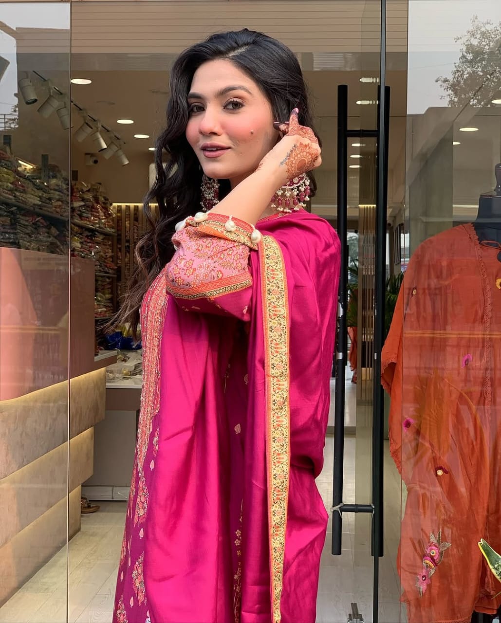 Royal Magenta Printed Anarkali Set with Schiffli Work  & Tassel Detailing