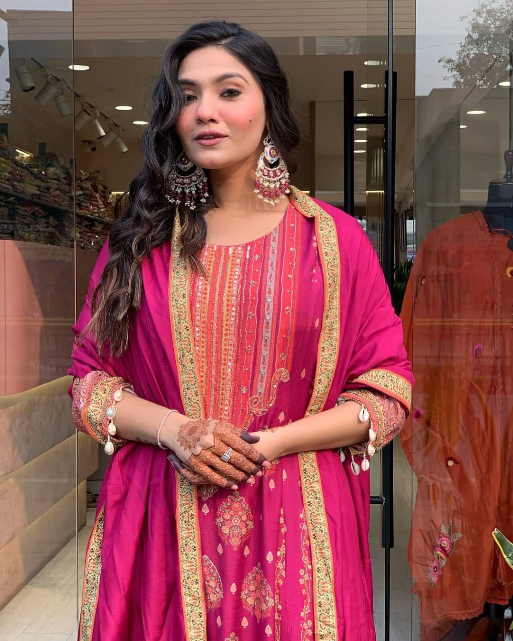 Royal Magenta Printed Anarkali Set with Schiffli Work  & Tassel Detailing