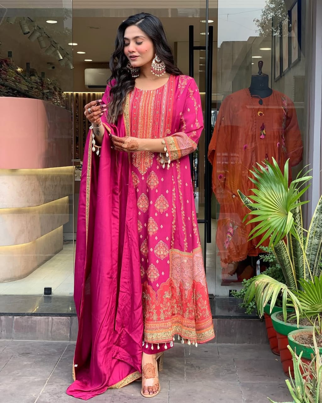 Royal Magenta Printed Anarkali Set with Schiffli Work  & Tassel Detailing