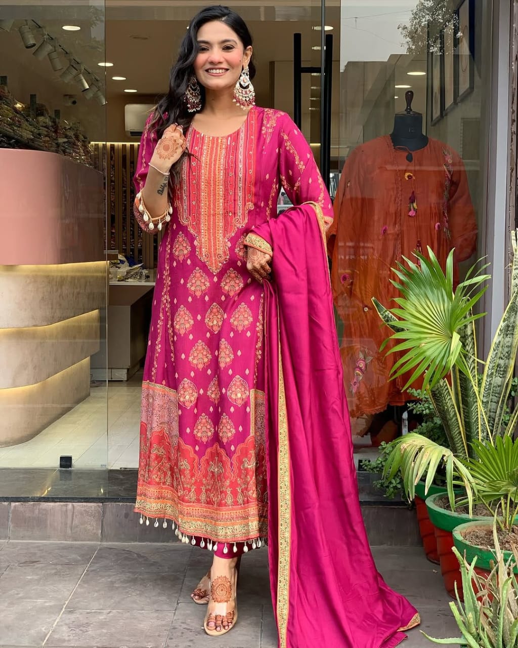 Royal Magenta Printed Anarkali Set with Schiffli Work  & Tassel Detailing