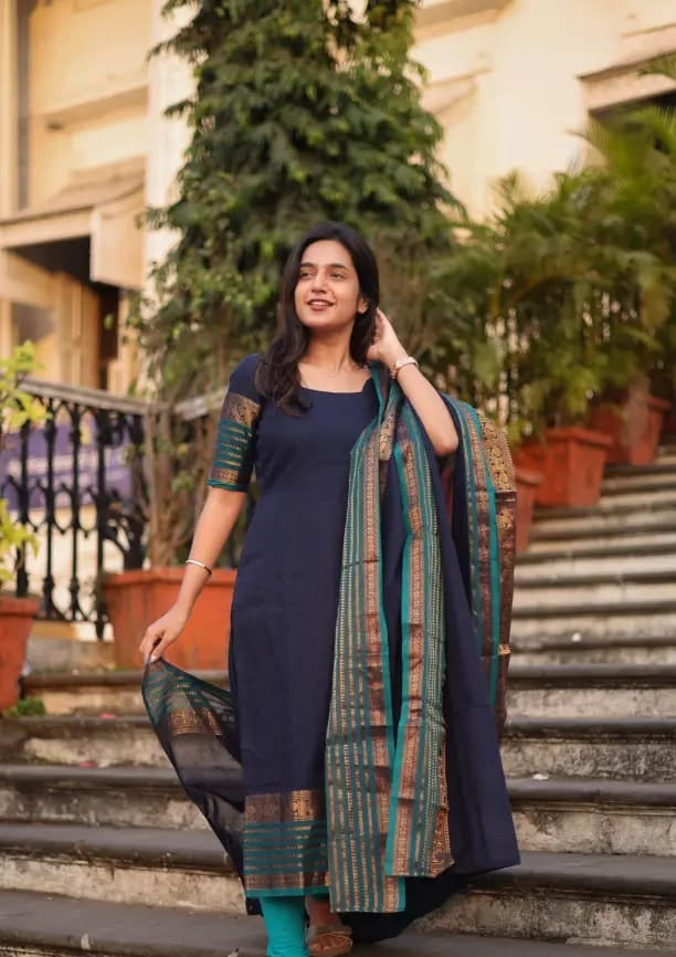 Navy Blue Kanchi Cotton Suit Set with Traditional Zari Border