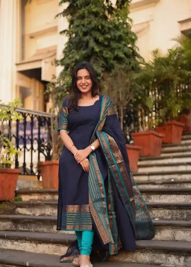 Navy Blue Kanchi Cotton Suit Set with Traditional Zari Border