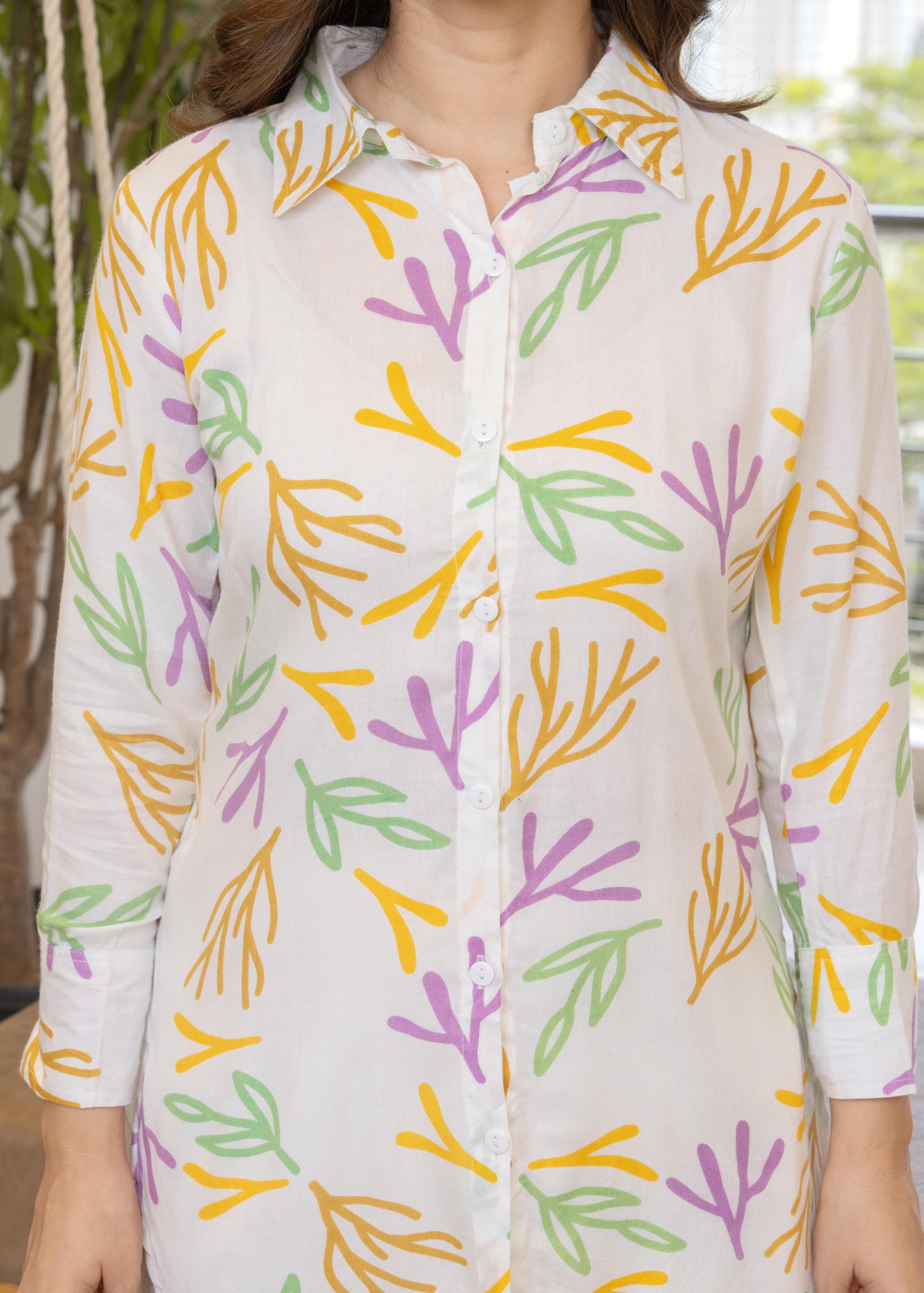 White Printed Rayon Co-Ord Set with Multicolor Leaf Motif