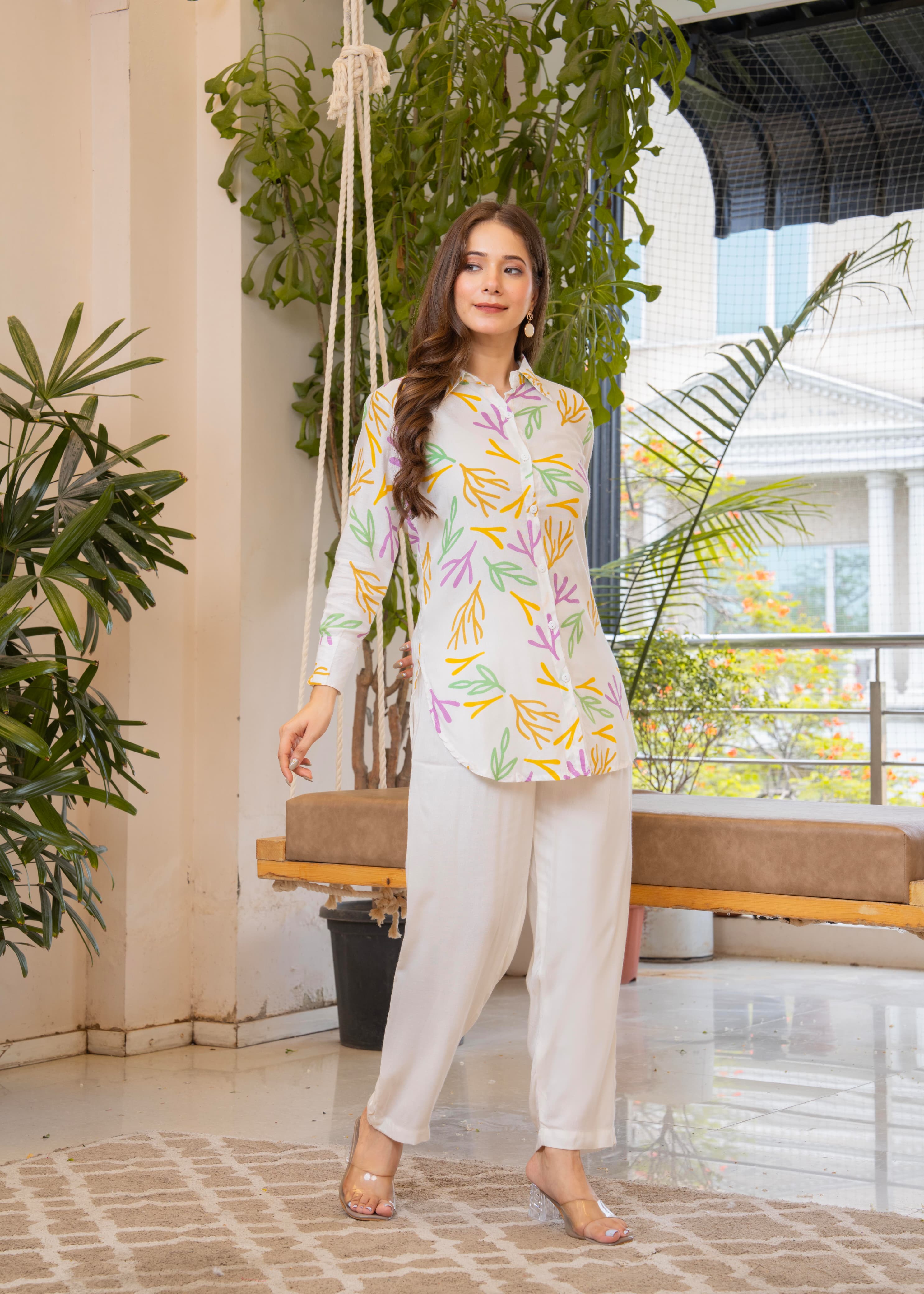 White Printed Rayon Co-Ord Set with Multicolor Leaf Motif