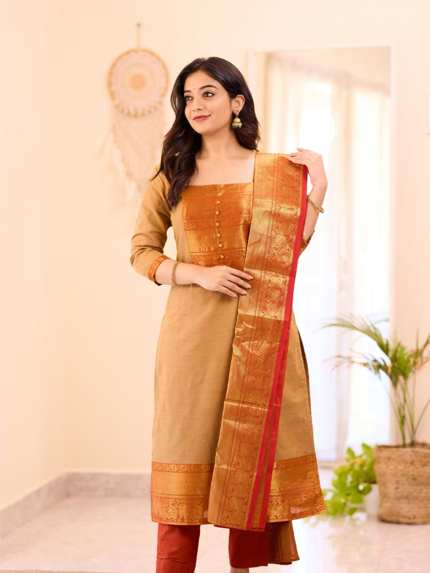 Mustard Yellow Kanchi Cotton Suit Set with Zari Woven Dupatta