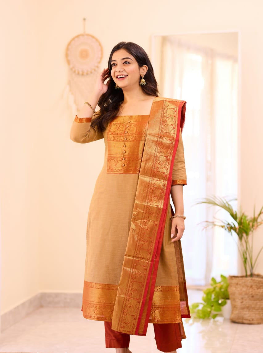 Mustard Yellow Kanchi Cotton Suit Set with Zari Woven Dupatta
