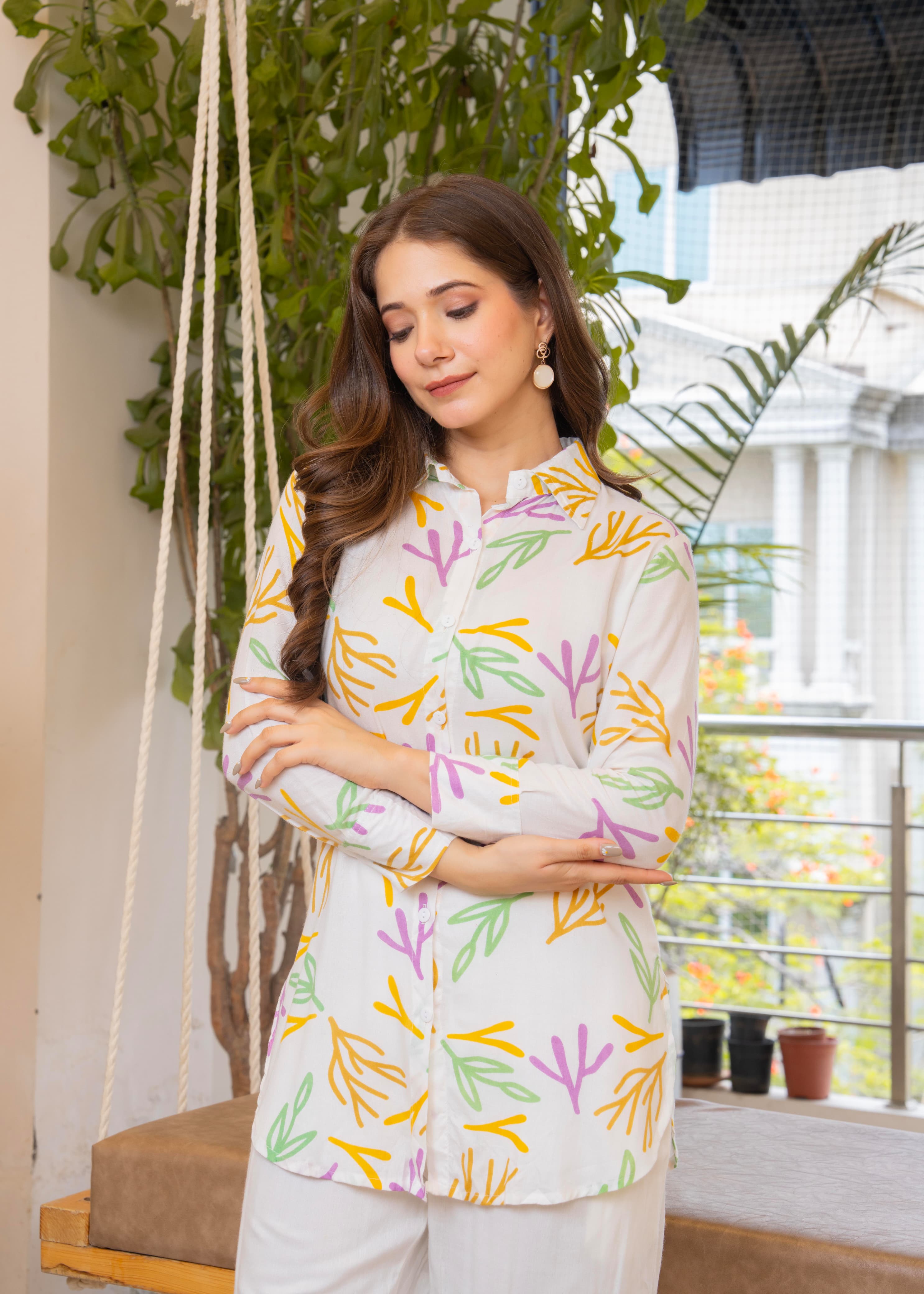 White Printed Rayon Co-Ord Set with Multicolor Leaf Motif