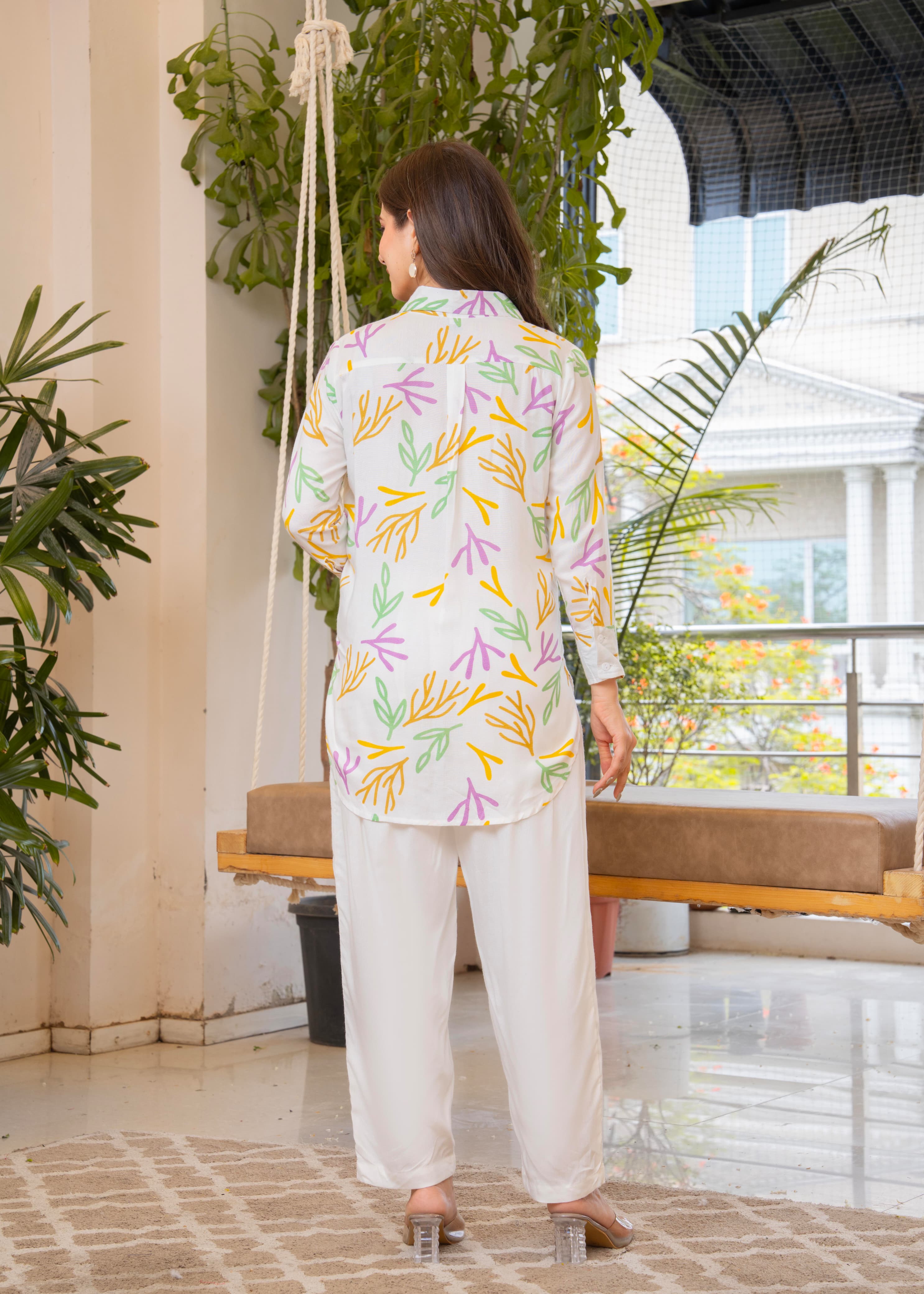 White Printed Rayon Co-Ord Set with Multicolor Leaf Motif