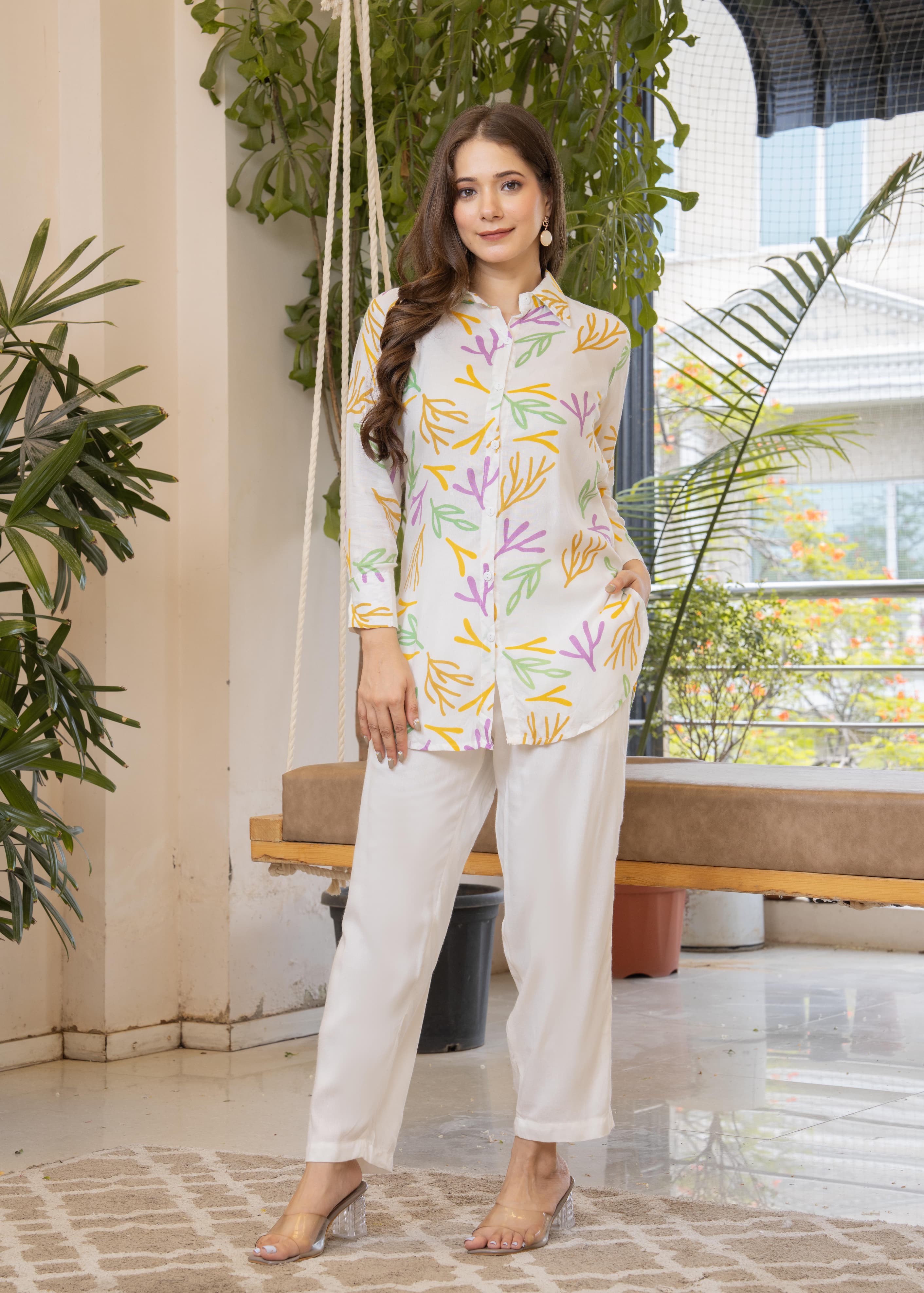 White Printed Rayon Co-Ord Set with Multicolor Leaf Motif