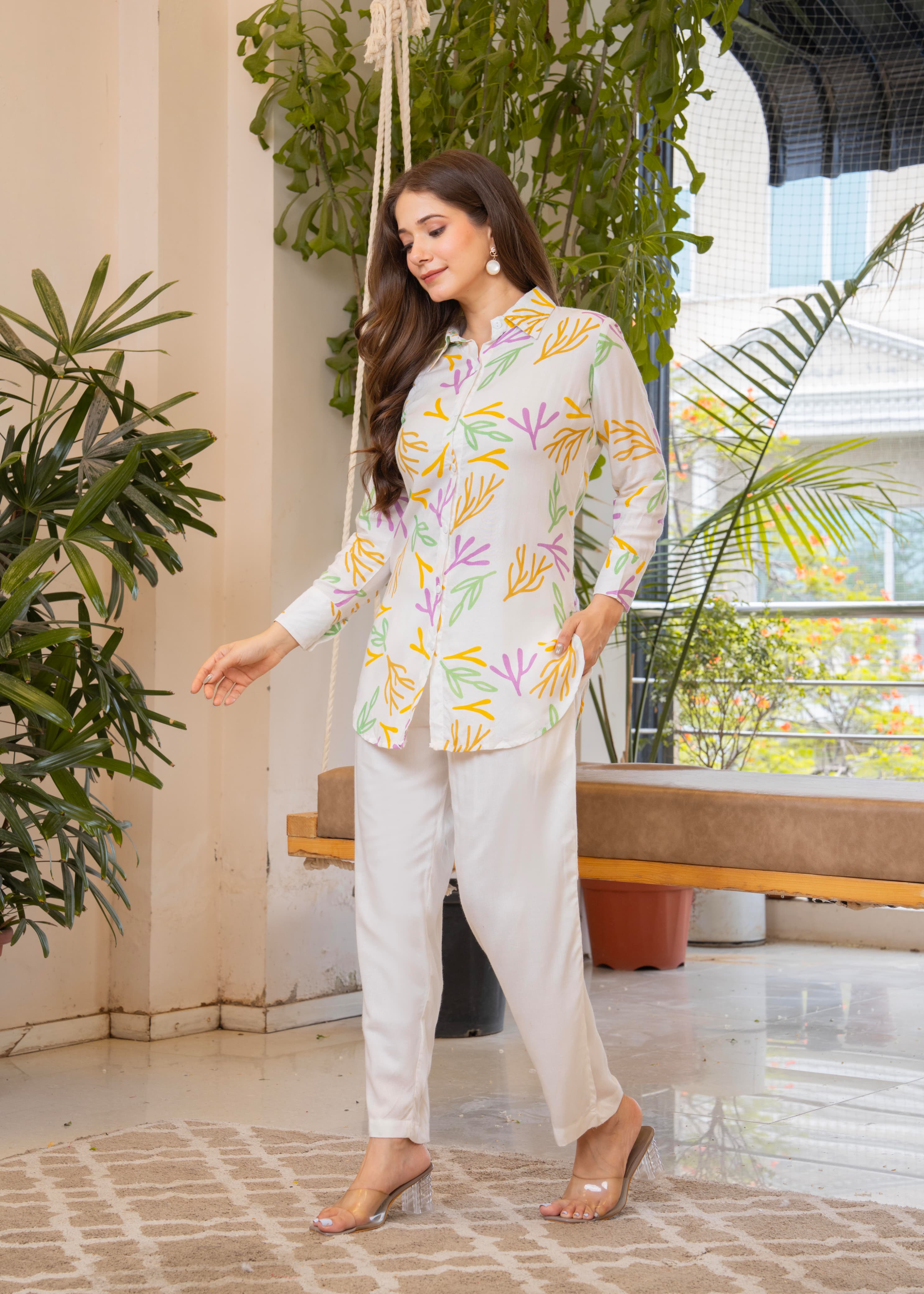 White Printed Rayon Co-Ord Set with Multicolor Leaf Motif