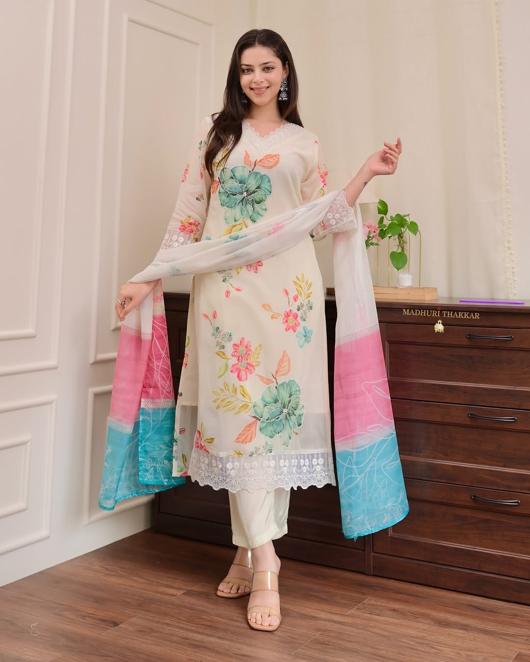 Elegant Cream Organza Suit Set with Floral Print and Zari Work Dupatta