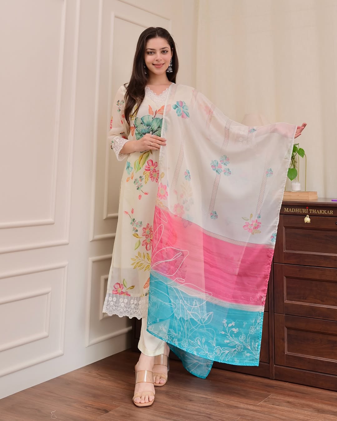 Elegant Cream Organza Suit Set with Floral Print and Zari Work Dupatta