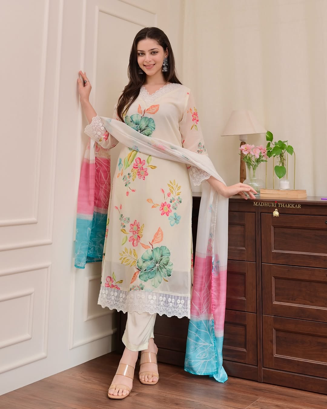 Elegant Cream Organza Suit Set with Floral Print and Zari Work Dupatta