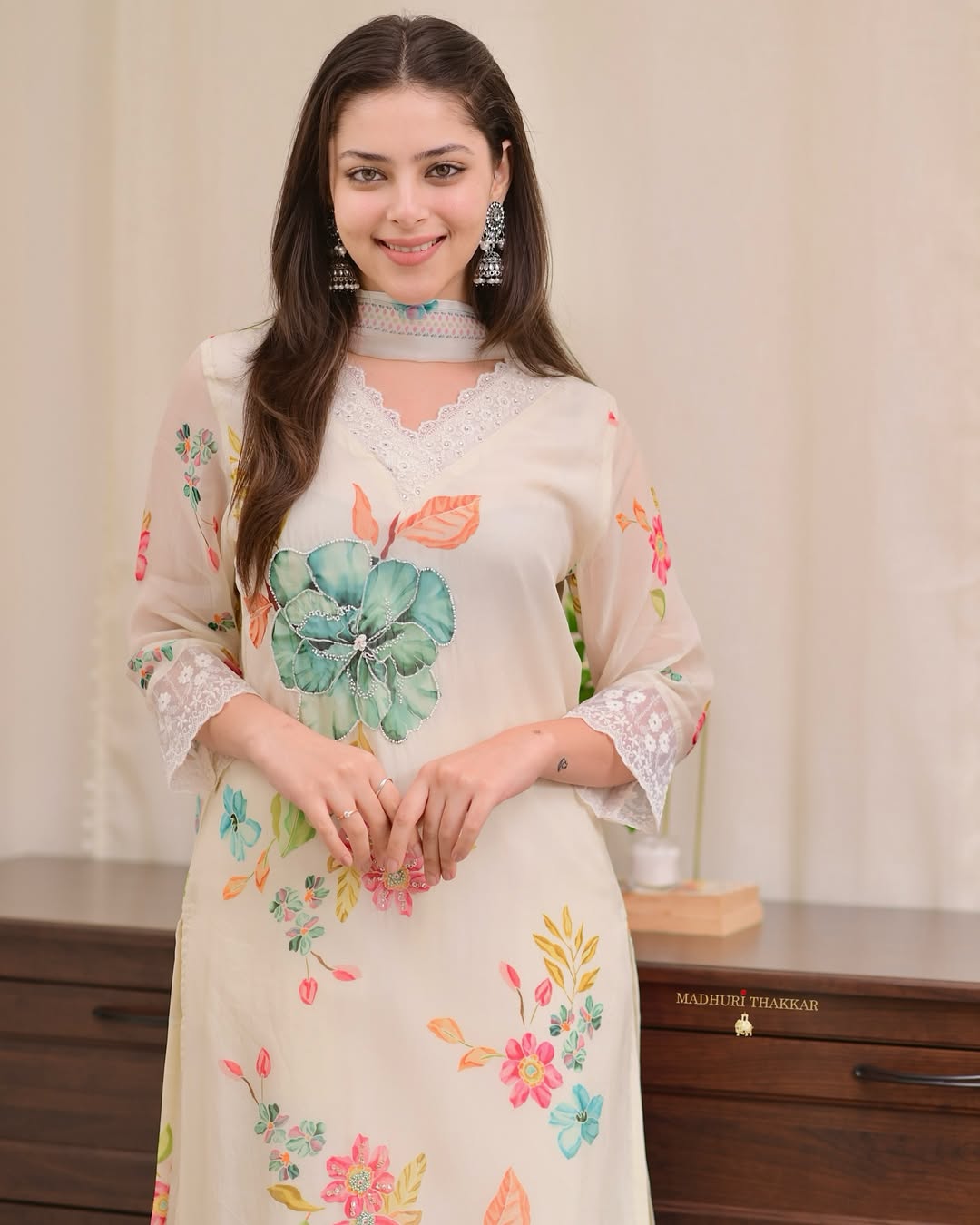 Elegant Cream Organza Suit Set with Floral Print and Zari Work Dupatta