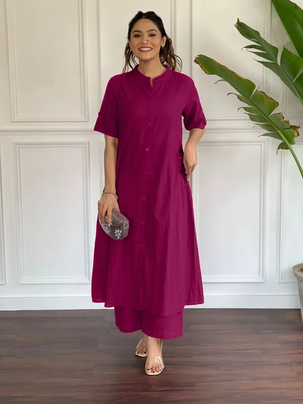 Magenta Button-down kurta set with embroidered details