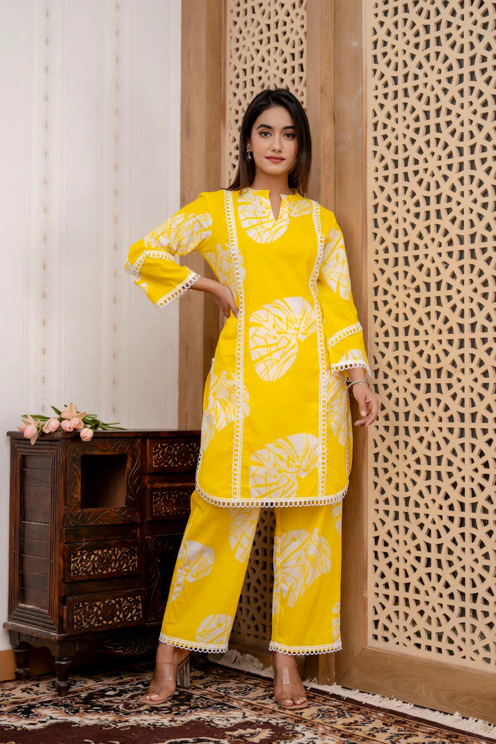 Yellow Betel Leaf Printed Cotton Co-Ord Set
