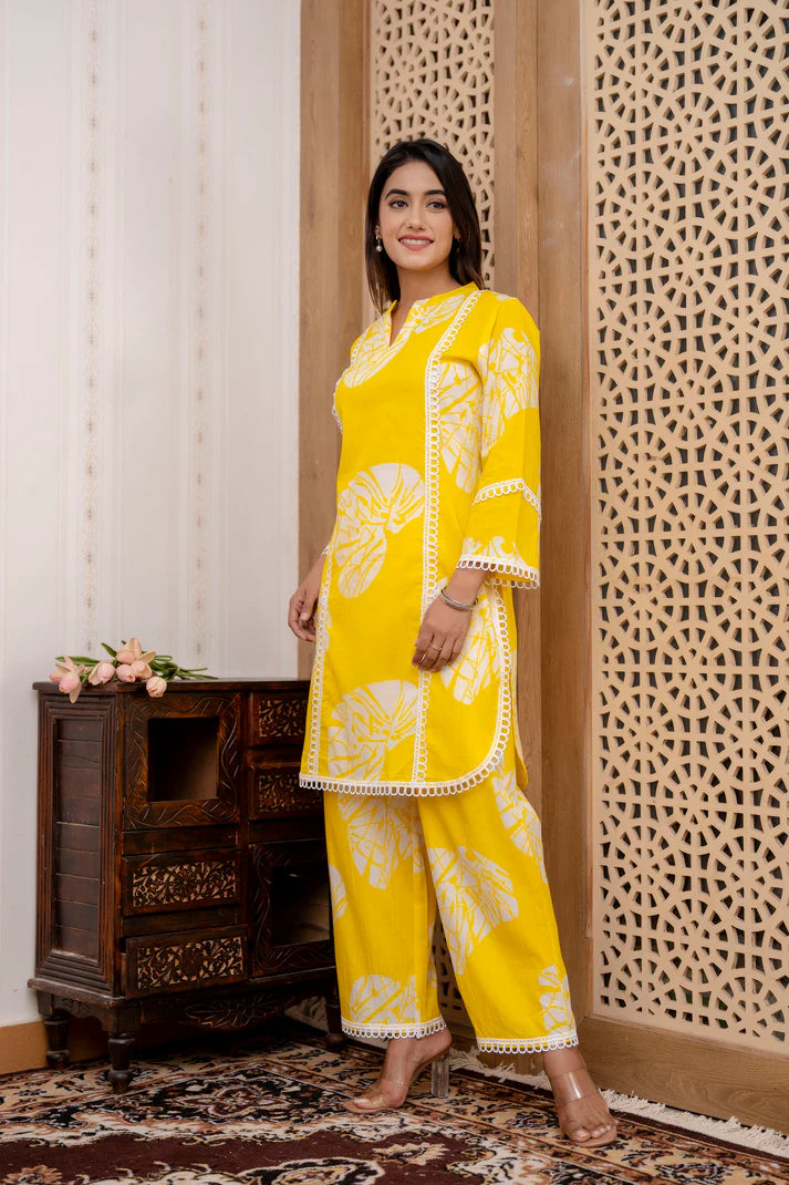 Yellow Betel Leaf Printed Cotton Co-Ord Set