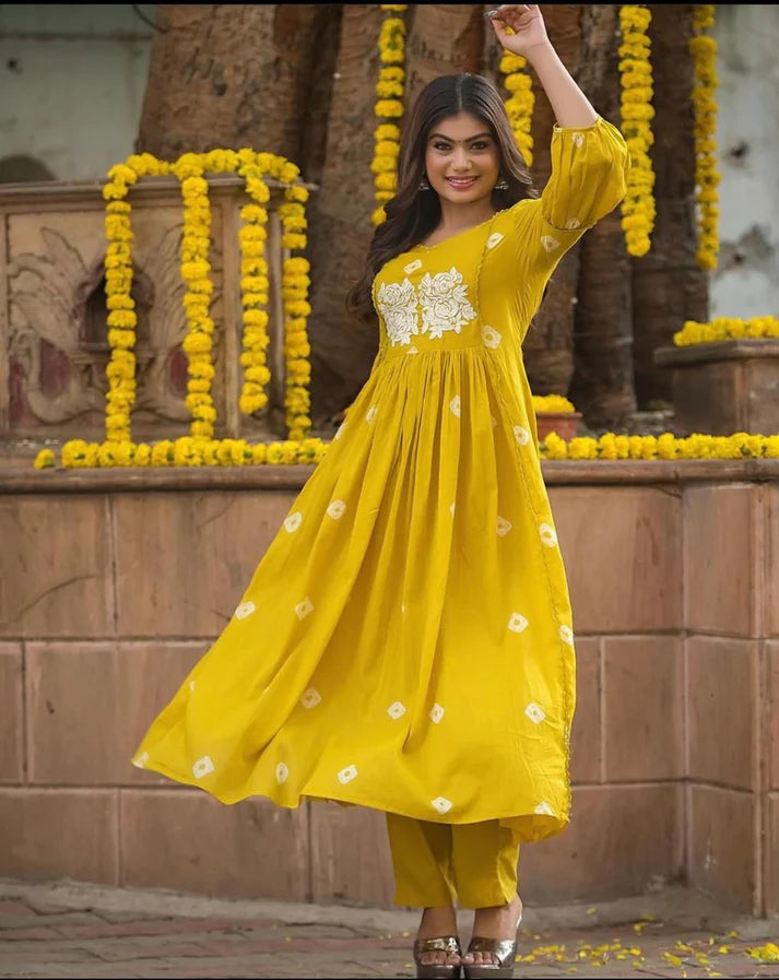 Embroidered Cotton Anarkali Kurta and Pant Set