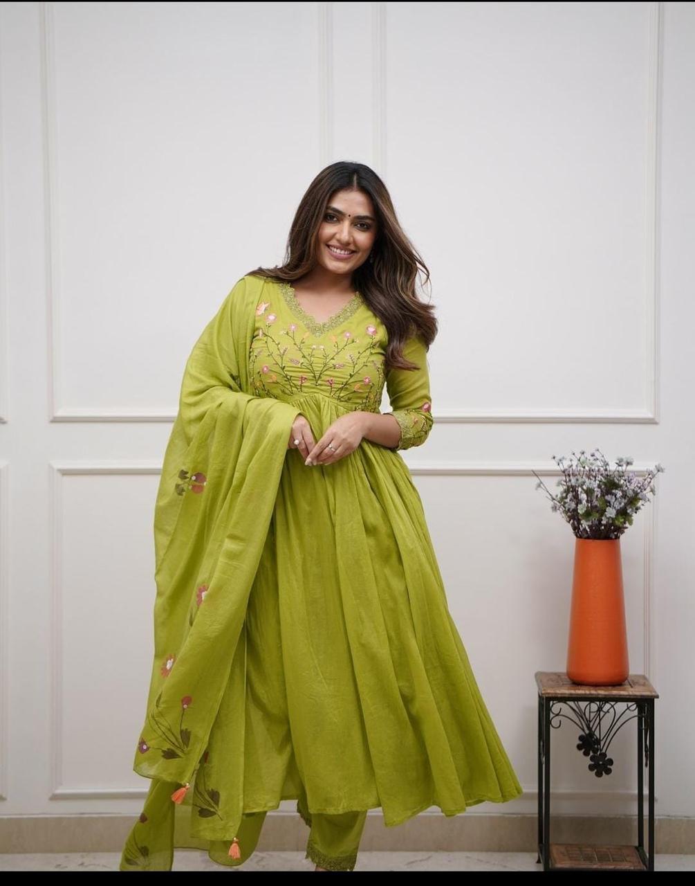 Lime Green Elegant Embroidered Kurta Set with Floral Dupatta
