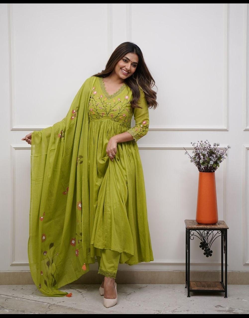 Lime Green Elegant Embroidered Kurta Set with Floral Dupatta