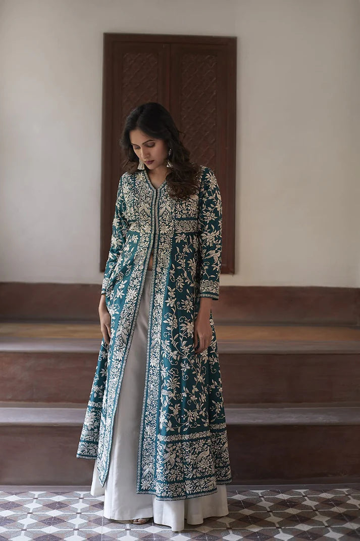 Greenish Blue Heavy Embroidered Magic Cotton Shrug with Palazzo Set