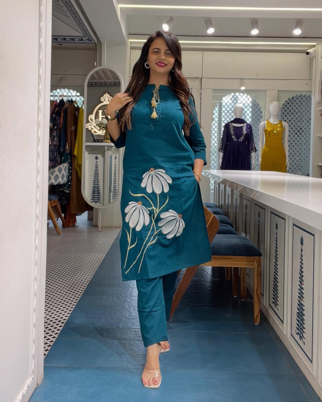 Teal Blue Floral Embroidered Co-Ord Set for Women