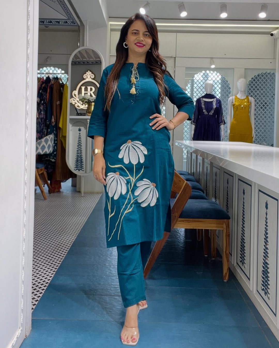 Teal Blue Floral Embroidered Co-Ord Set for Women