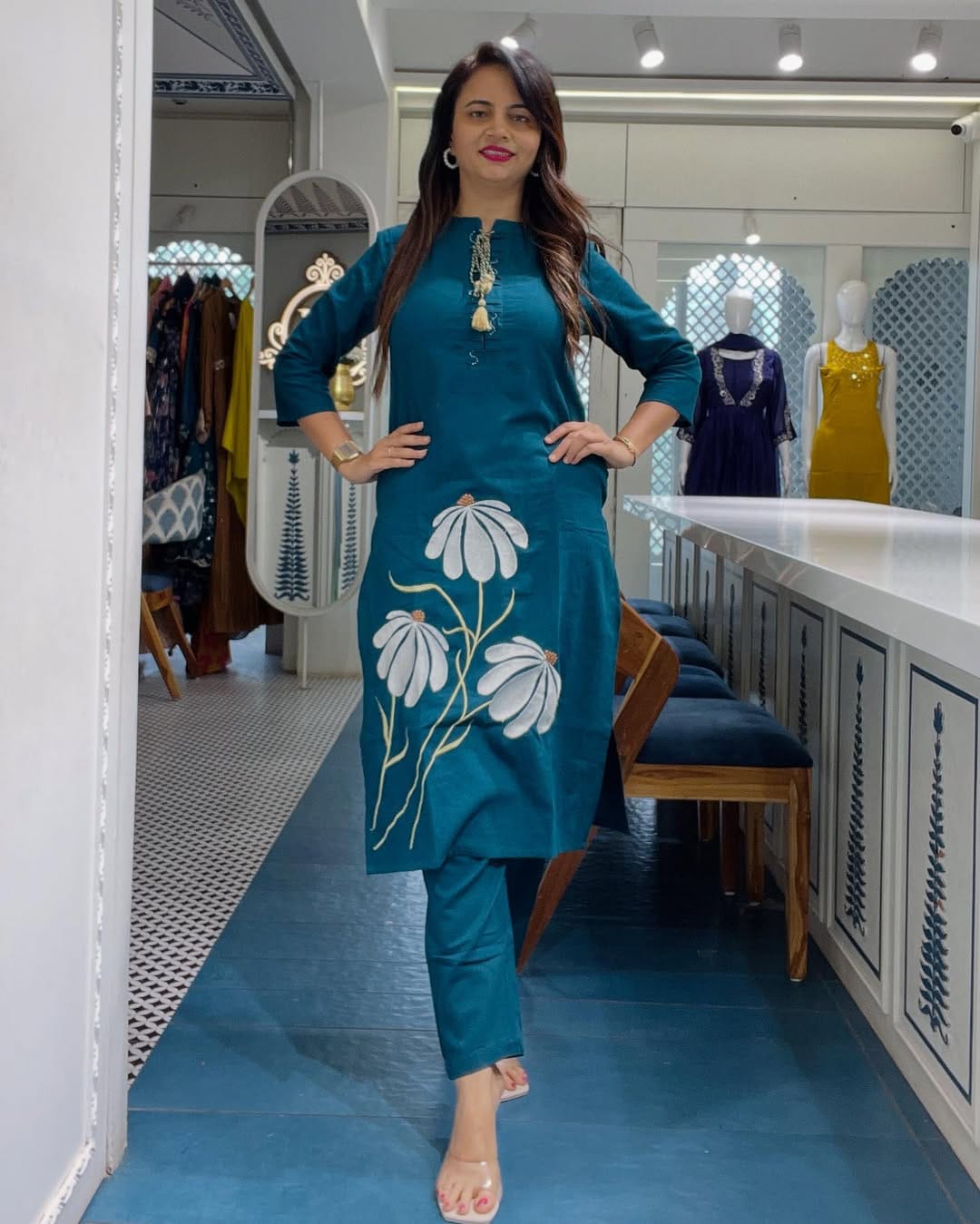 Teal Blue Floral Embroidered Co-Ord Set for Women