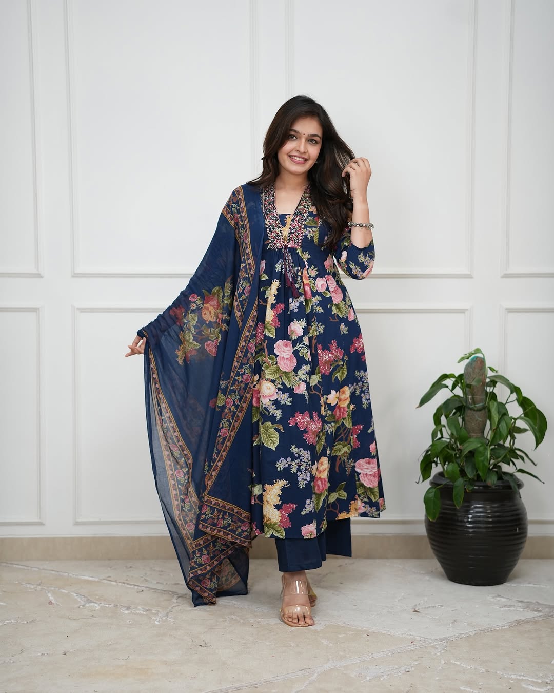 Navy blue floral printed cotton flared kurta set with dupatta