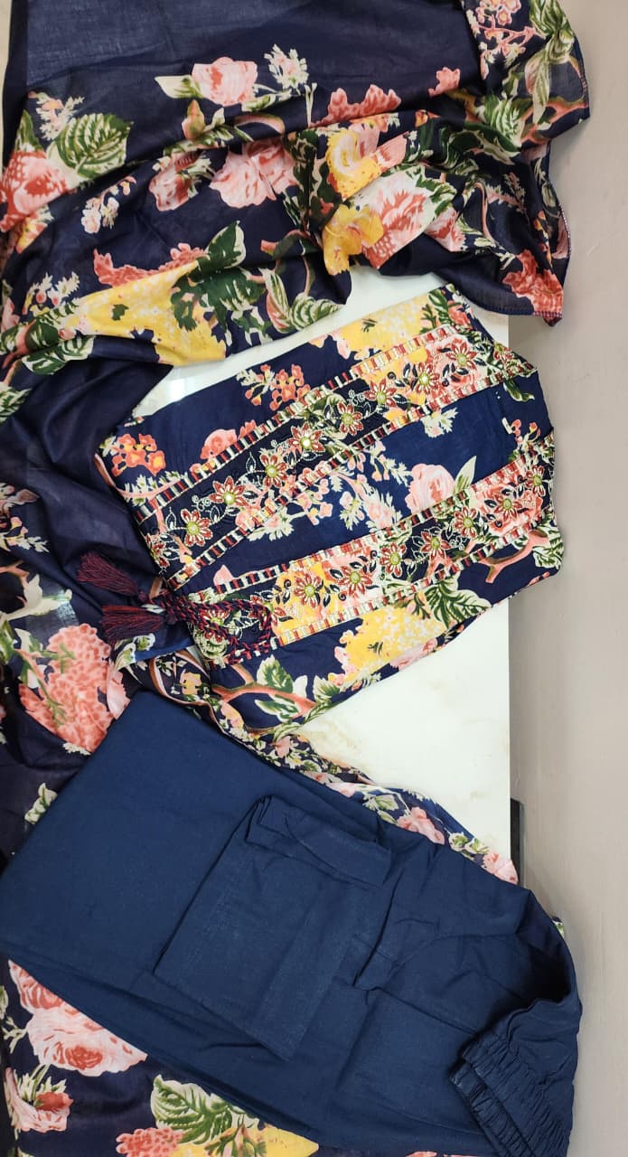 Navy blue floral printed cotton flared kurta set with dupatta