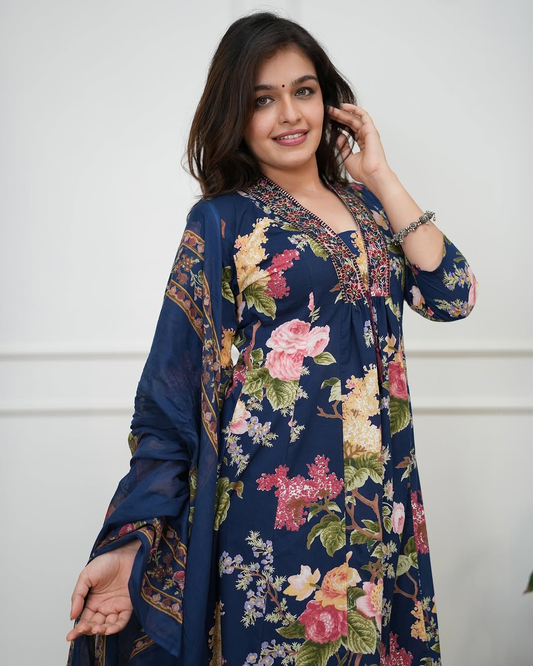 Navy blue floral printed cotton flared kurta set with dupatta