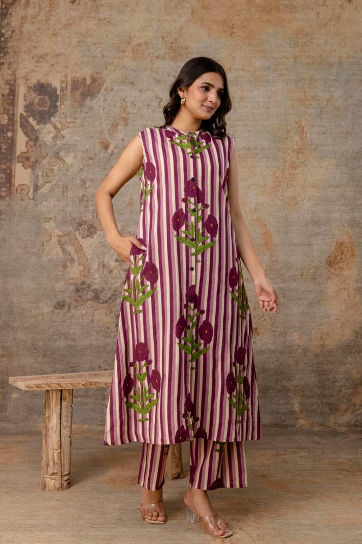 striped floral sleeveless cotton kurta set