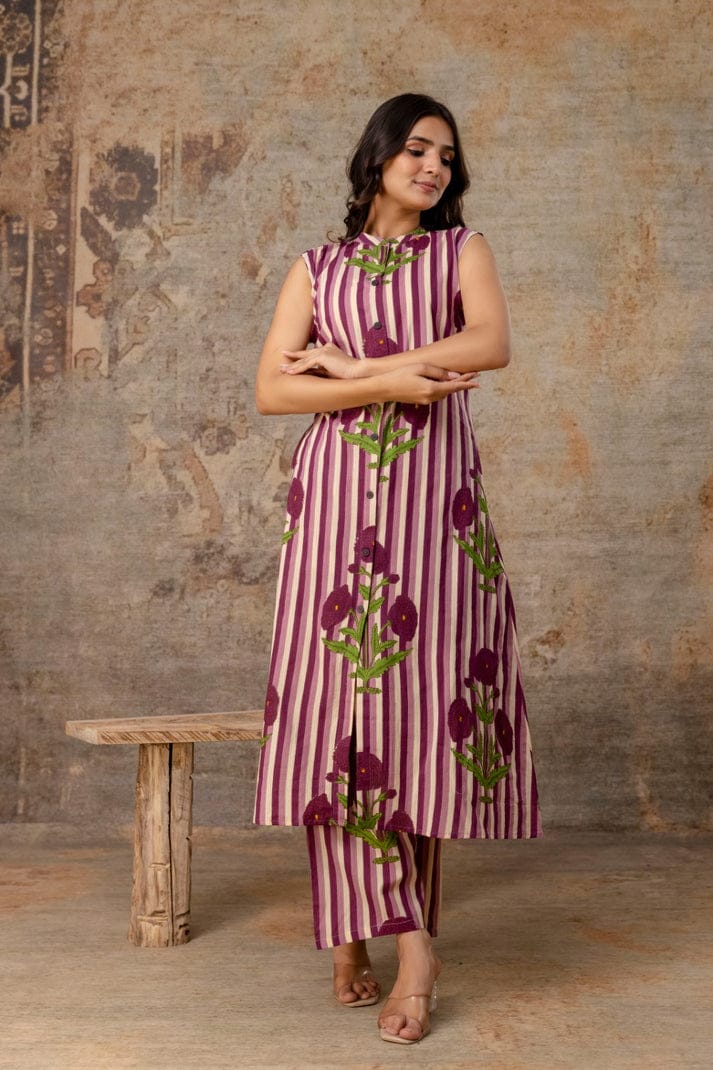 striped floral sleeveless cotton kurta set