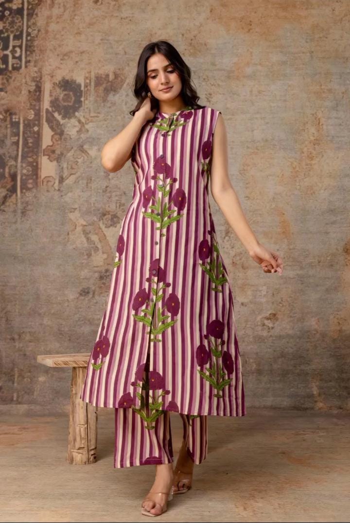striped floral sleeveless cotton kurta set